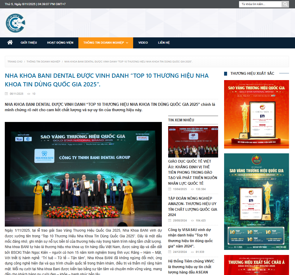NHA KHOA BANI DENTAL ĐƯỢC VINH DANH “TOP 10 THƯƠNG HIỆU NHA KHOA TIN DÙNG QUỐC GIA 2025”
