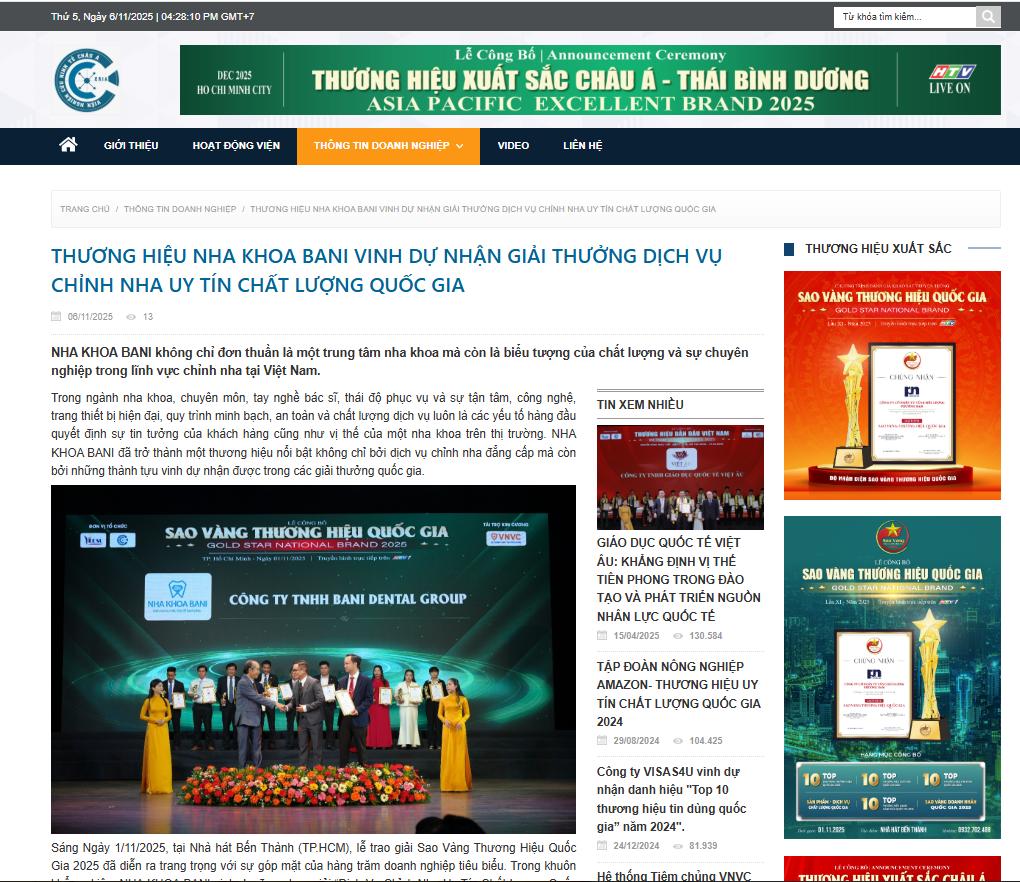 Thương hiệu nha khoa Bani vinh dự nhận giải thưởng dịch vụ chỉnh nha uy tín chất lượng Quốc Gia.