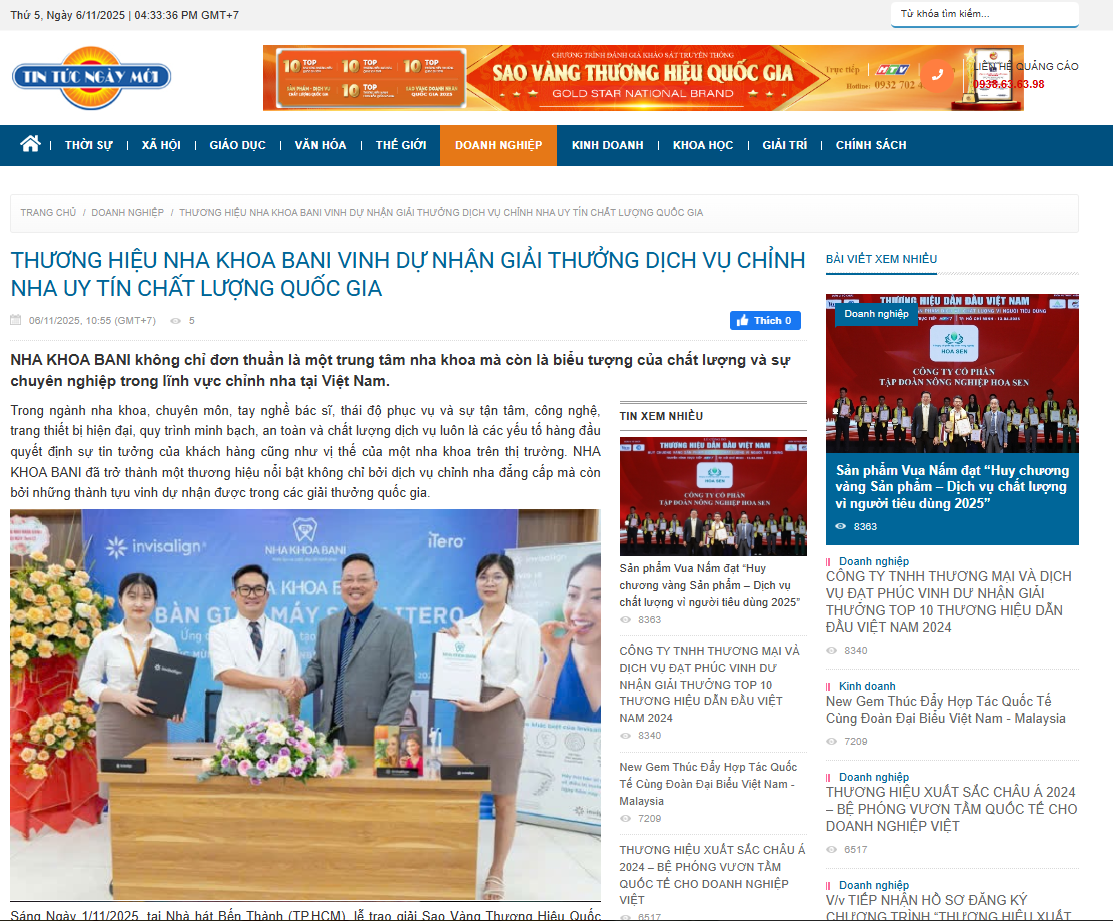 NHA KHOA BANI vinh dự được trao giải “Dịch Vụ Chỉnh Nha Uy Tín Chất Lượng Quốc Gia”, ghi dấu ấn của một thương hiệu đang mạnh mẽ vươn mình.